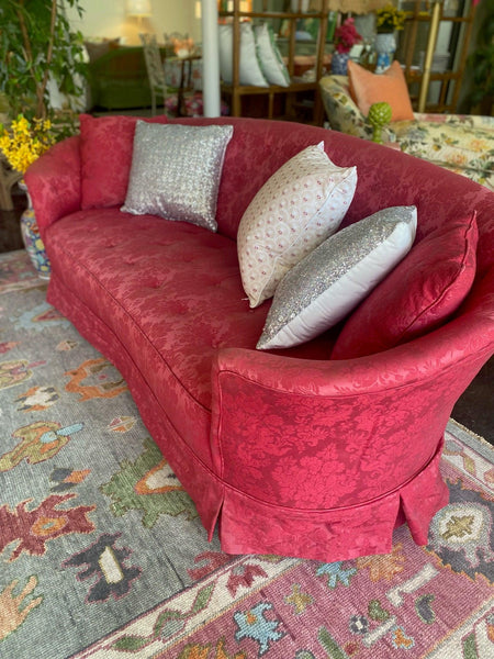 Vintage Pink Silk Kidney Shaped Skirted Sofa Pair Ready to Ship! - Hibiscus House