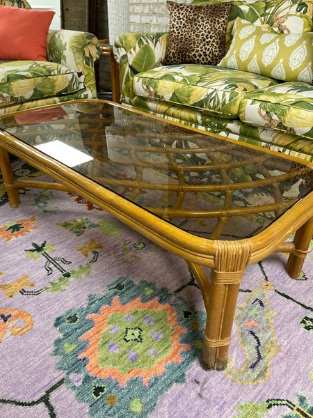 Vintage Faux Bamboo Rattan Wrapped Inlaid Coffee Table Ready to Ship