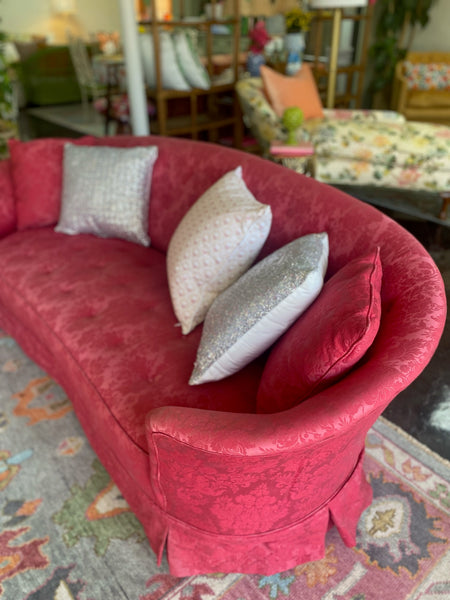 Vintage Pink Silk Kidney Shaped Skirted Sofa Pair Ready to Ship!