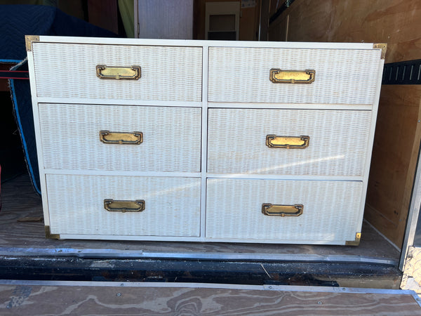 Vintage Campaign Style Wicker Front Six Drawer Dresser Available for Lacquer