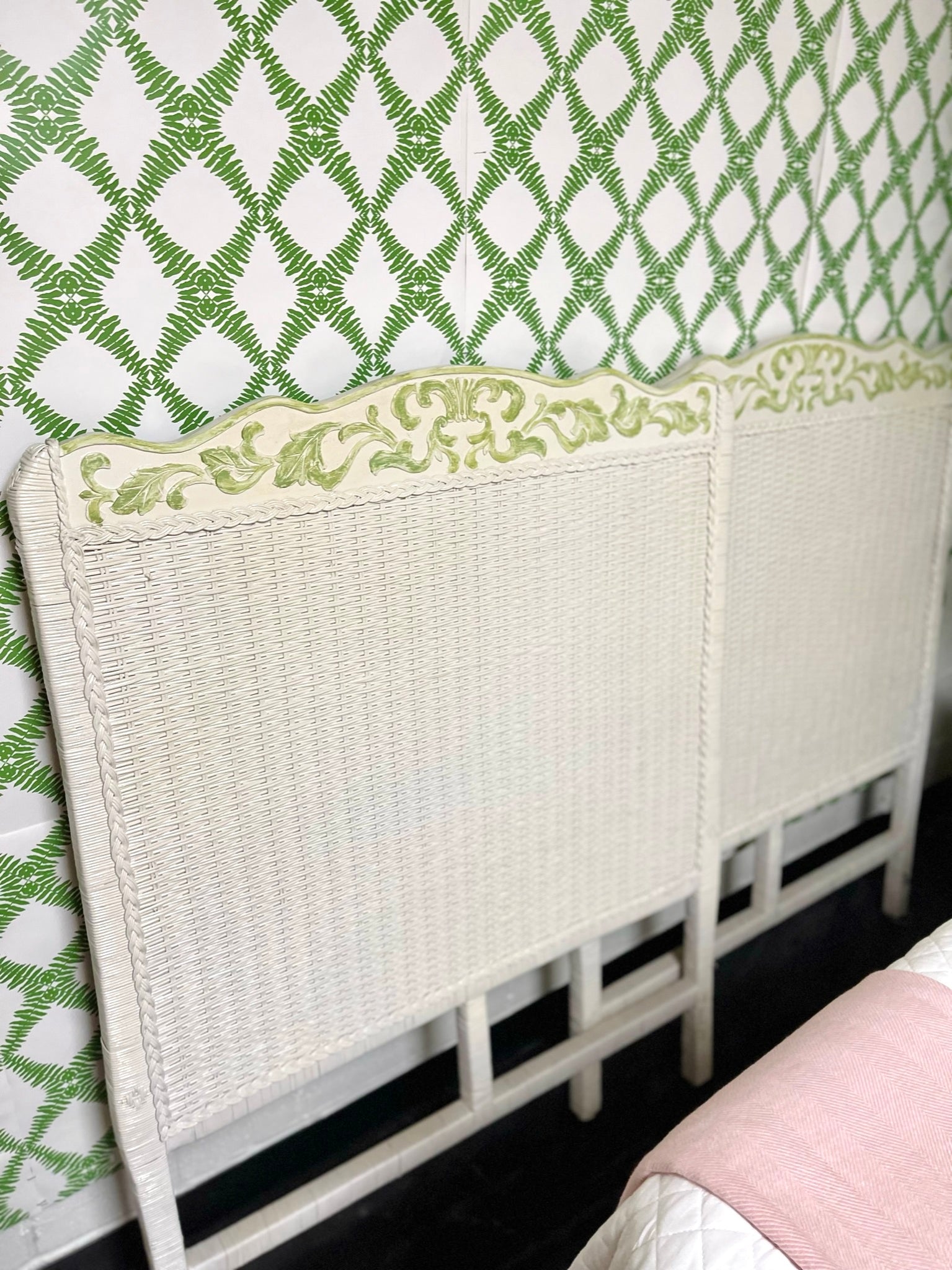 Pair of Beautiful Hand-painted Wicker Weave Twin Headboards Ready to Ship