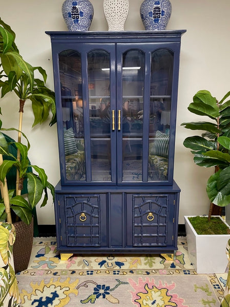 Vintage Faux Bamboo China Cabinet Professionally Lacquered in "Naval"