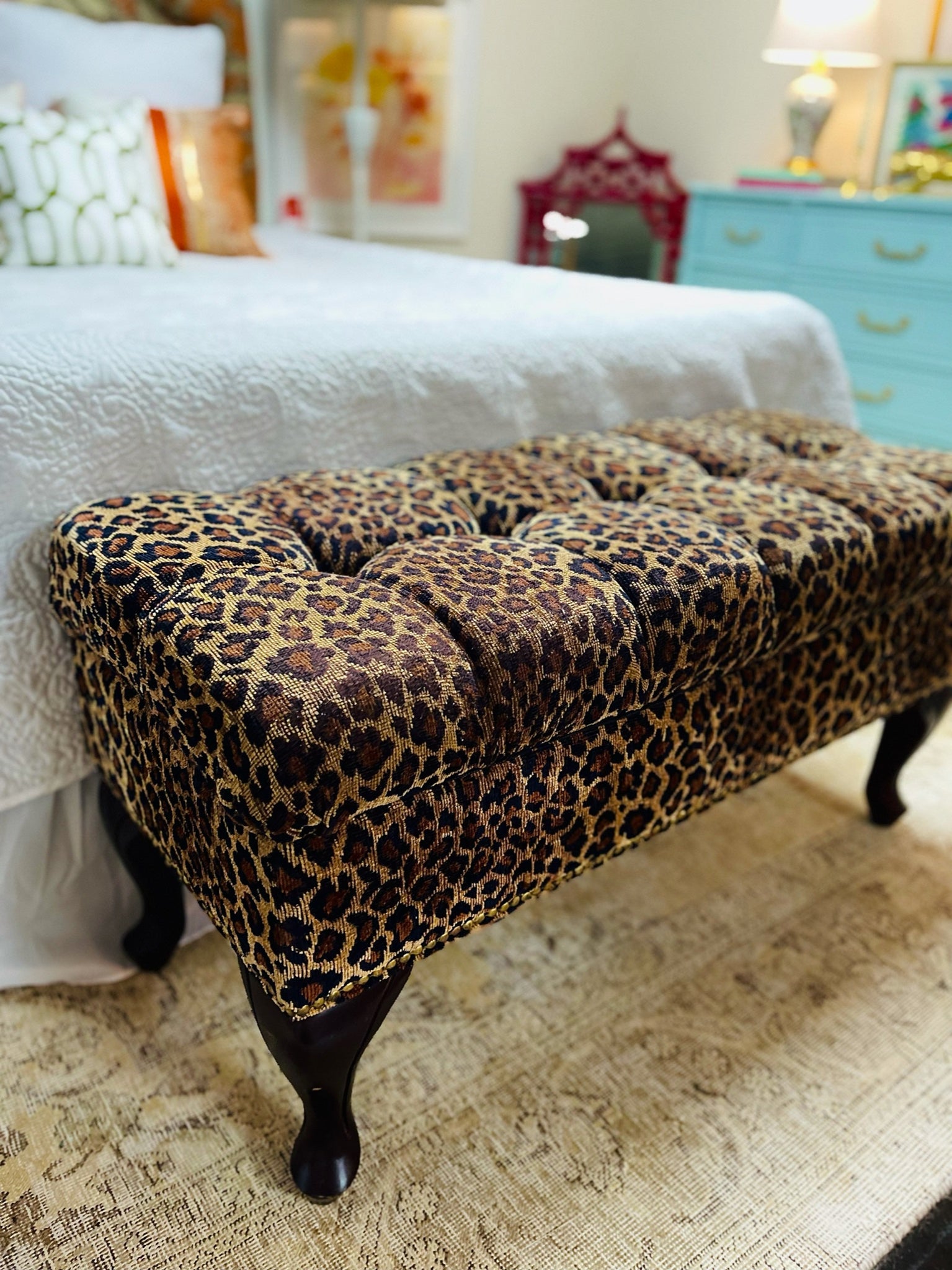 Hollywood Regency Leopard Tufted Bench with Interior Storage