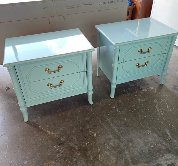 Pair of Vintage Broyhill Furniture Faux Bamboo Nightstands Available for Custom Lacquer - Hibiscus House