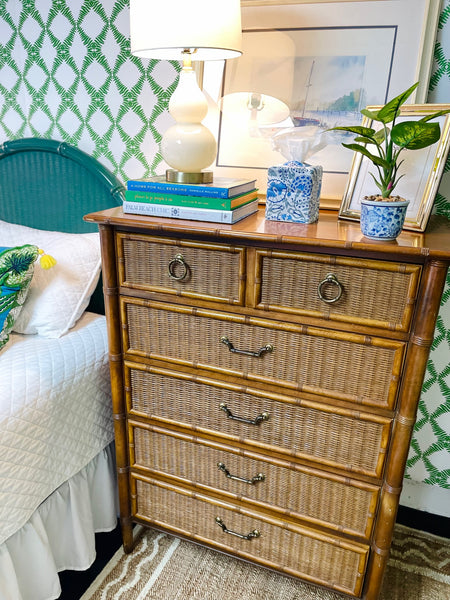 Henry Link Faux Bamboo Wicker Front Tallboy Chest Ready to Ship!