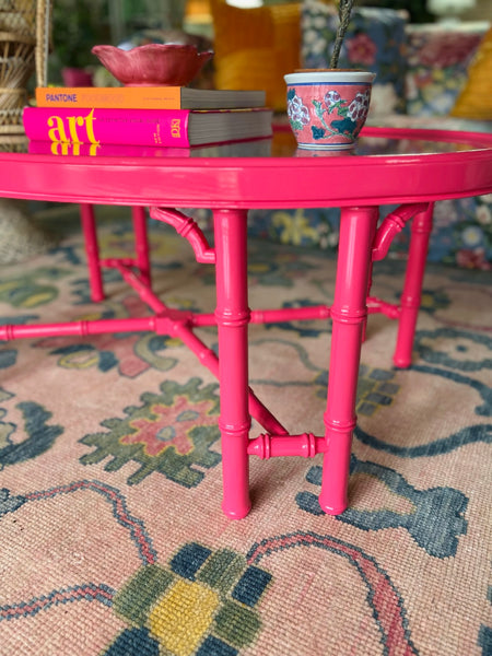 Vintage Oval Faux Bamboo Coffee Table with Fretwork Detail Lacquered in Rosy Blush Ready to Ship