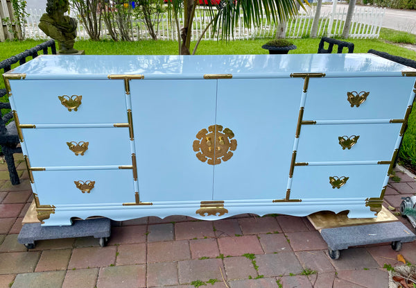 Vintage Korean Tansu Style Chinoiserie Credenza Lacquered in "Little Boy Blue" Ready to Ship
