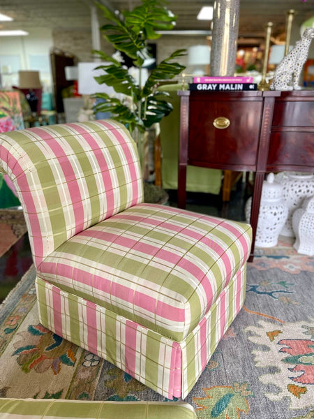 Vintage Pair of Pink and Green Plaid Slipper Chairs Ready to Ship