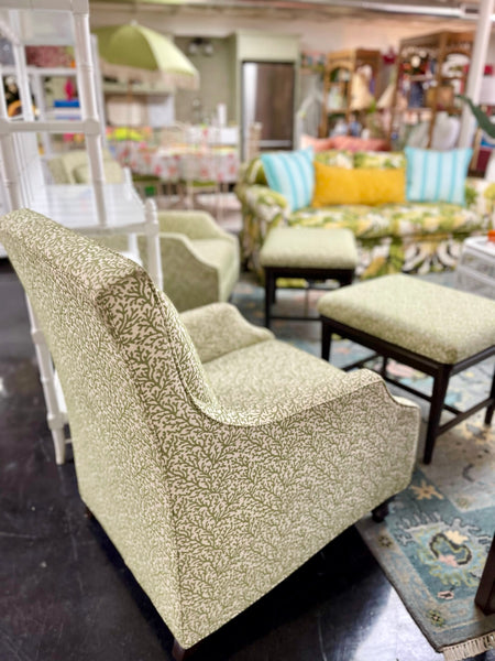 Pair of Green & White Custom Upholstered Armchairs with Matching Ottomans Ready to Ship