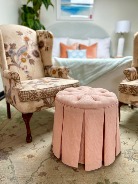Vintage Upholstered Pink Round Footstool