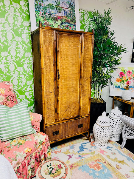 Antique British Colonial Faux Bamboo and Raffia Wardrobe Available and Ready to Ship