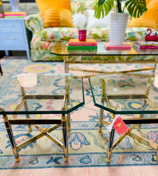 Vintage Glass with Brass Accent Side Table Pair Ready to Ship - Hibiscus House