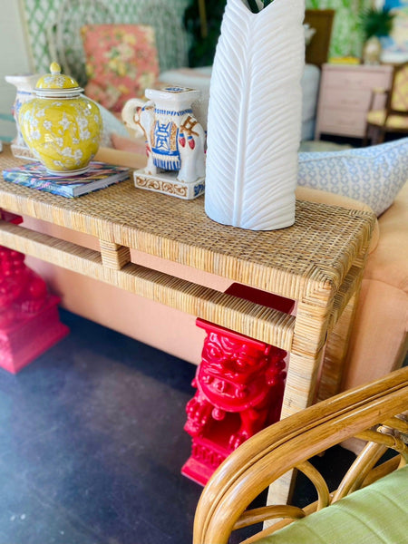 Vintage Rattan Wrapped Console or Sofa Table Available and Ready to Ship - Hibiscus House