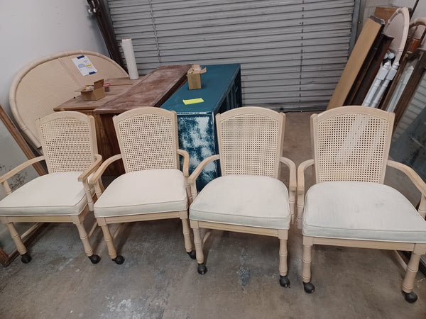 Vintage Set of Four Broyhill Furniture Faux Bamboo Cane Back Rolling Dining Chairs Available for Lacquer!