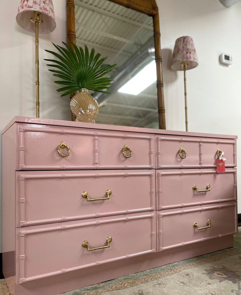 Vintage Faux Bamboo Six Drawer Double Dresser Lacquered & Ready to Ship – Hibiscus House Vintage Faux Bamboo Six Drawer Double Dresser Lacquered & Ready to Ship – Hibiscus House