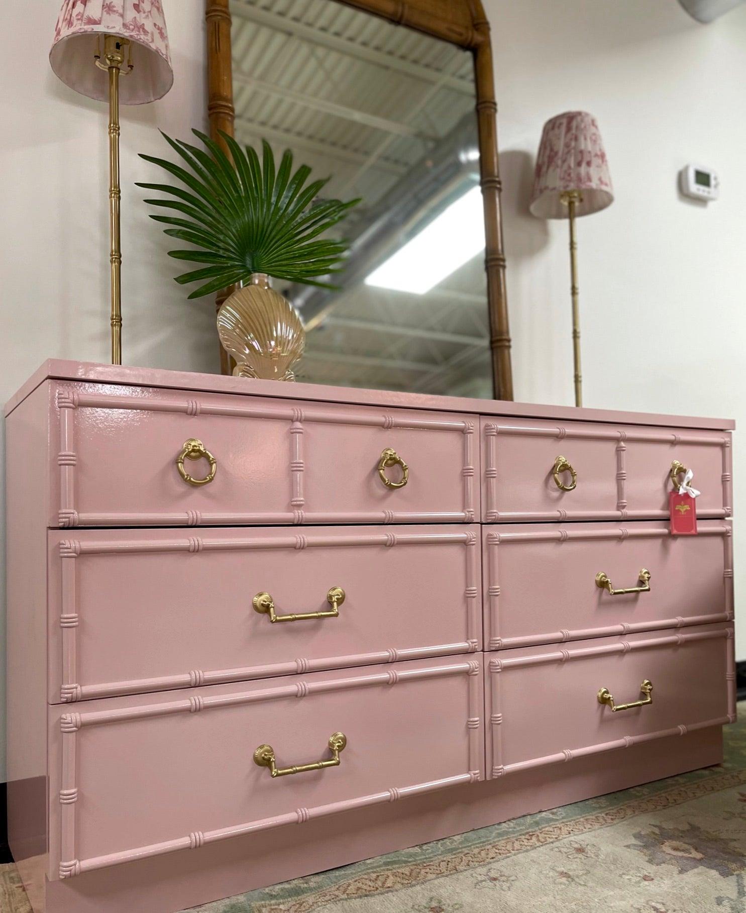 Vintage Faux Bamboo Six Drawer Double Dresser Lacquered & Ready to Ship   Hibiscus House