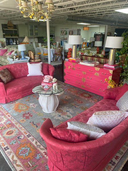 Vintage Pink Silk Kidney Shaped Skirted Sofa Pair Ready to Ship! - Hibiscus House