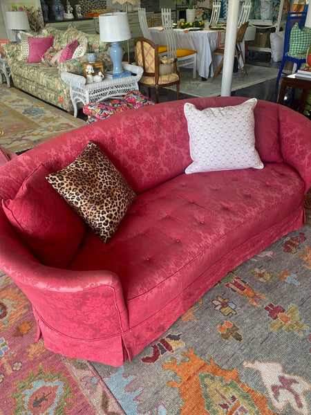 Vintage Pink Silk Kidney Shaped Skirted Sofa Pair Ready to Ship! - Hibiscus House