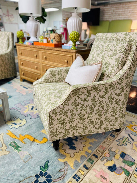 Pair of Green & White Custom Upholstered Armchairs from The Breakers Ready to Ship! - Hibiscus House