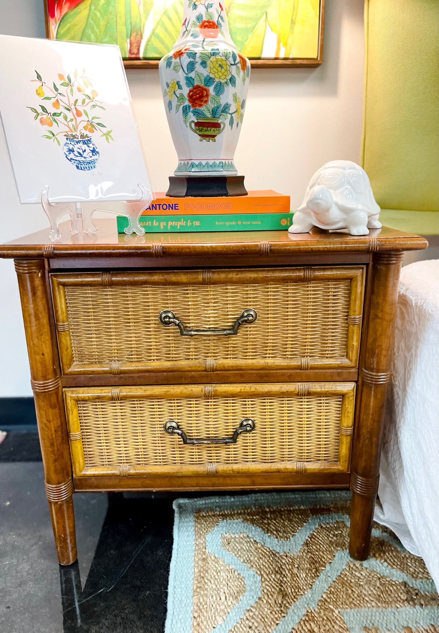Henry Link Faux Bamboo and Wicker Front Nightstand Pair Ready to Ship!