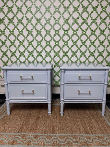 Vintage Pair of Classic Faux Bamboo Nightstands Lacquered in Blue Heather Ready to Ship!