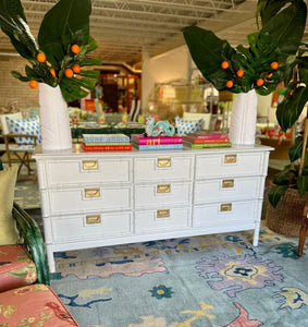 Vintage Nine Drawer Stanley Style Faux Bamboo Dresser Lacquered in Swiss Coffee – Hibiscus House