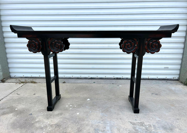 Vintage Pagoda Style Carved Ornate Rosewood Alter Console Table Available for Lacquer