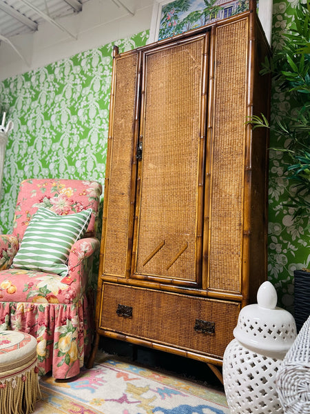 Antique British Colonial Faux Bamboo and Raffia Wardrobe Available and Ready to Ship