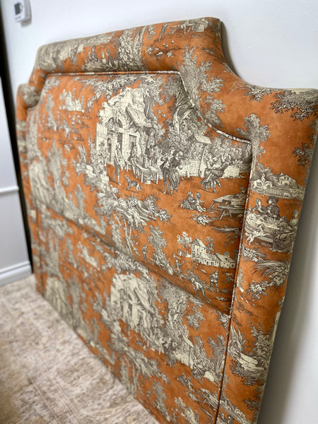 Custom Upholstered Orange Toile Queen Headboard