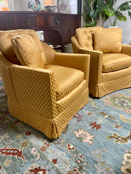 Vintage Pair of Custom Upholstered Skirted Club Chairs Available and Ready to Ship