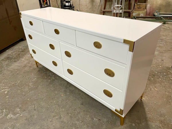 Vintage Bernhardt Furniture Campaign Style Seven Drawer Dresser Available for Custom Lacquer! - Hibiscus House
