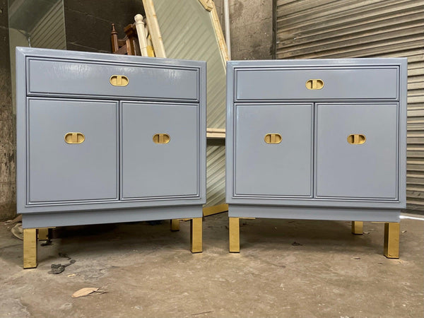 Vintage Thomasville Furniture Two Drawer Campaign Style Nightstand Pair Available for Custom Lacquer! - Hibiscus House