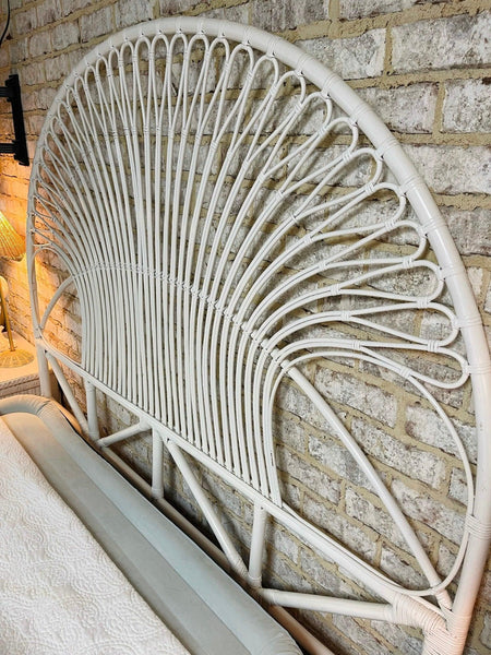Vintage Queen Size White Peacock Fan Rattan Headboard - Ready to Ship - Hibiscus House