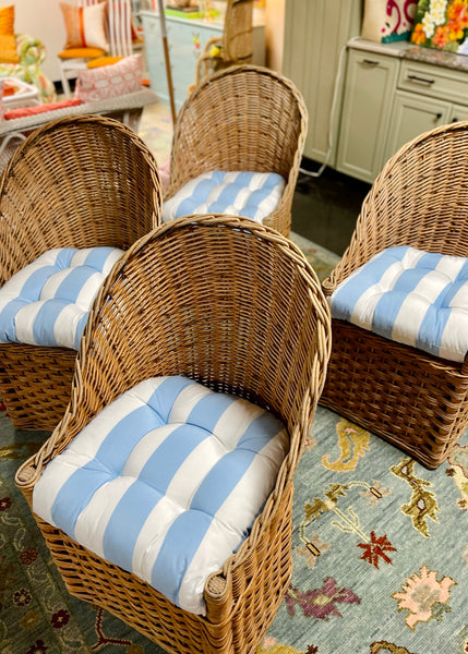 Set of Four Vintage Barrel Back Chairs with Blue & White Striped Cushions