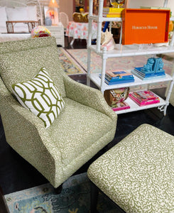 Pair of Green & White Custom Upholstered Armchairs with Matching Ottomans Ready to Ship - Hibiscus House