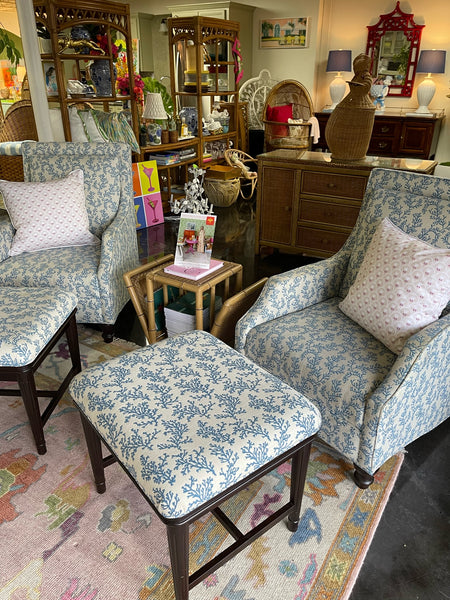 Pair of Blue & White Custom Upholstered Armchairs with Matching Ottomans Ready to Ship!