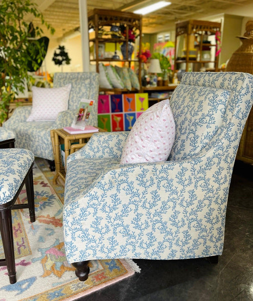 Pair of Blue & White Custom Upholstered Armchairs with Matching Ottomans Ready to Ship! - Hibiscus House