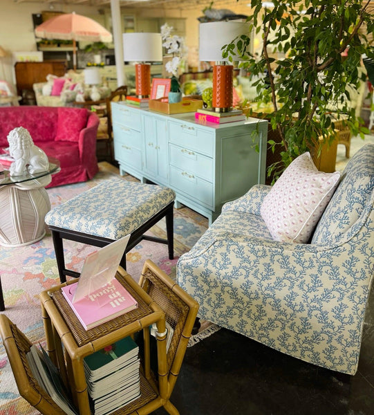 Pair of Blue & White Custom Upholstered Armchairs with Matching Ottomans Ready to Ship! - Hibiscus House