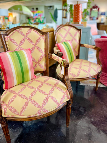 Vintage Louis XV Style Antique Petite Yellow & Pink Armchairs Ready to Ship