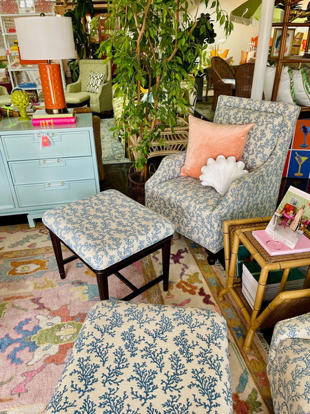 Pair of Blue & White Custom Upholstered Armchairs with Matching Ottomans Ready to Ship! - Hibiscus House