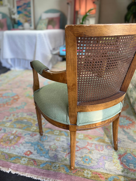 Custom Silk Upholstered Vintage Cane Armchair Ready to Ship!