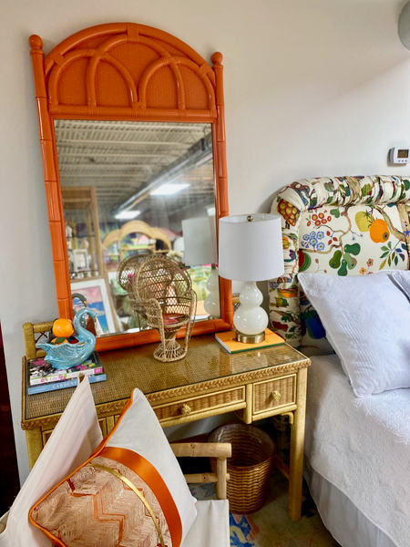 Drexel Furniture Co Lattice Rattan Mirror Lacquered in Electric Orange - Hibiscus House