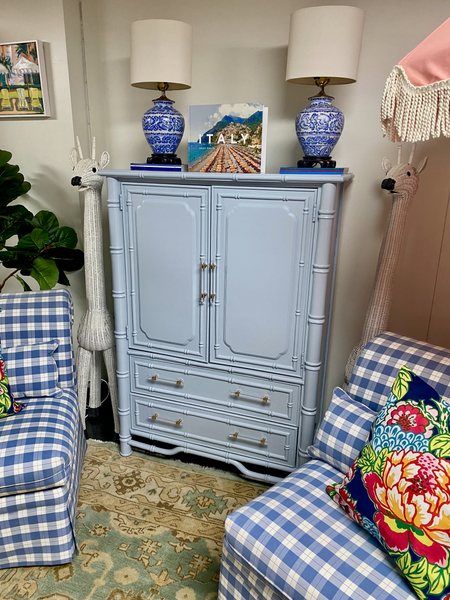 Stanley Furniture Vintage Tahiti Style Armoire Cabinet Lacquered in Blue Heather