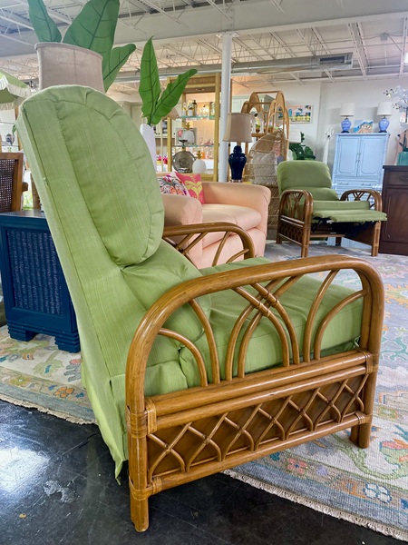 Pair of Vintage Green Rattan Recliners and Table by Classic Rattan Inc Ready to Ship!