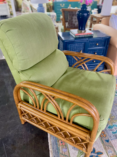 Pair of Vintage Green Rattan Recliners and Table by Classic Rattan Inc Ready to Ship!