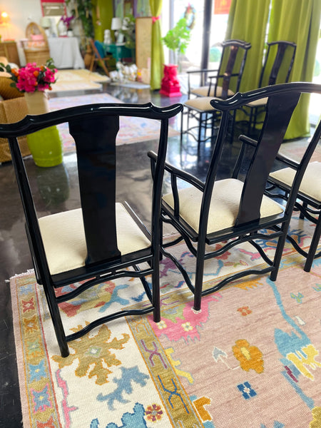 Vintage Set of Six Black Lacquered Chinoiserie Chairs with Pagoda Accented Backs Ready to Ship!