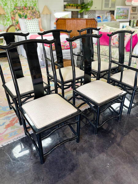 Vintage Set of Six Black Lacquered Chinoiserie Chairs with Pagoda Accented Backs Ready to Ship!