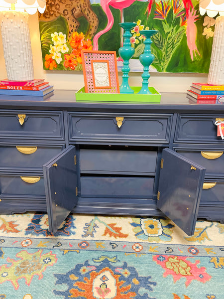 Vintage Bassett Chinoiserie Style Pagoda Top Credenza Lacquered in Naval Ready to Ship!