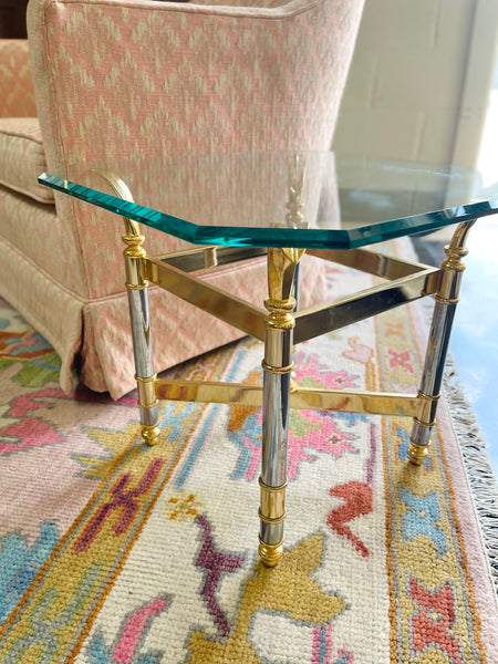 Vintage Glass with Brass Accent Side Table Pair Ready to Ship