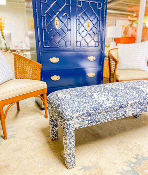Blue and White Upholstered Bench